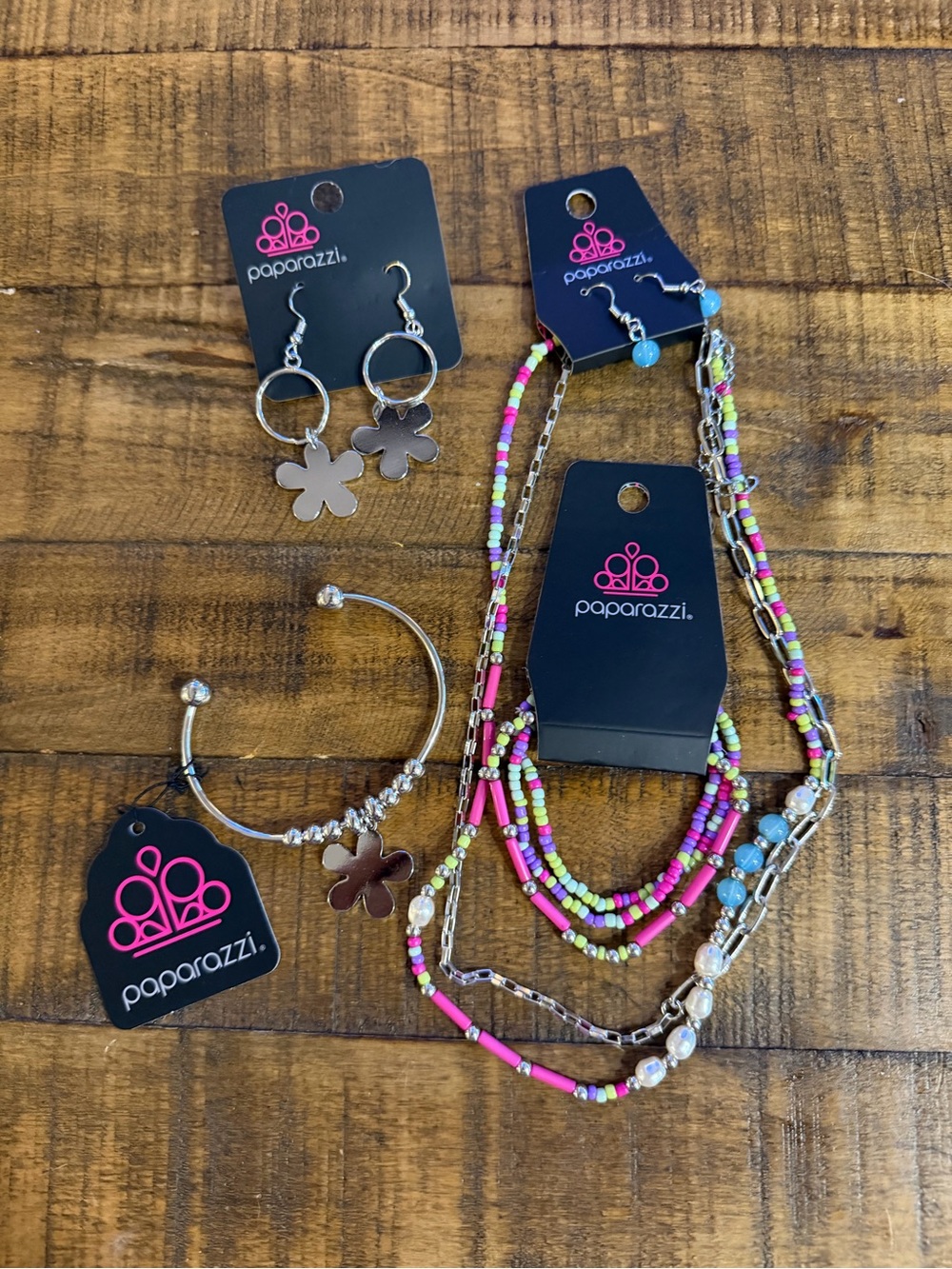 Paparazzi Silver Flower Earrings + Colorful Beaded Necklace Set